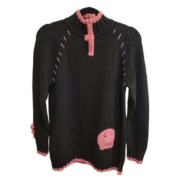 Quacker Factory Pig Quarter-Zip Sweater Black/Pink Cotton Women's M NWT - Picture 1 of 16